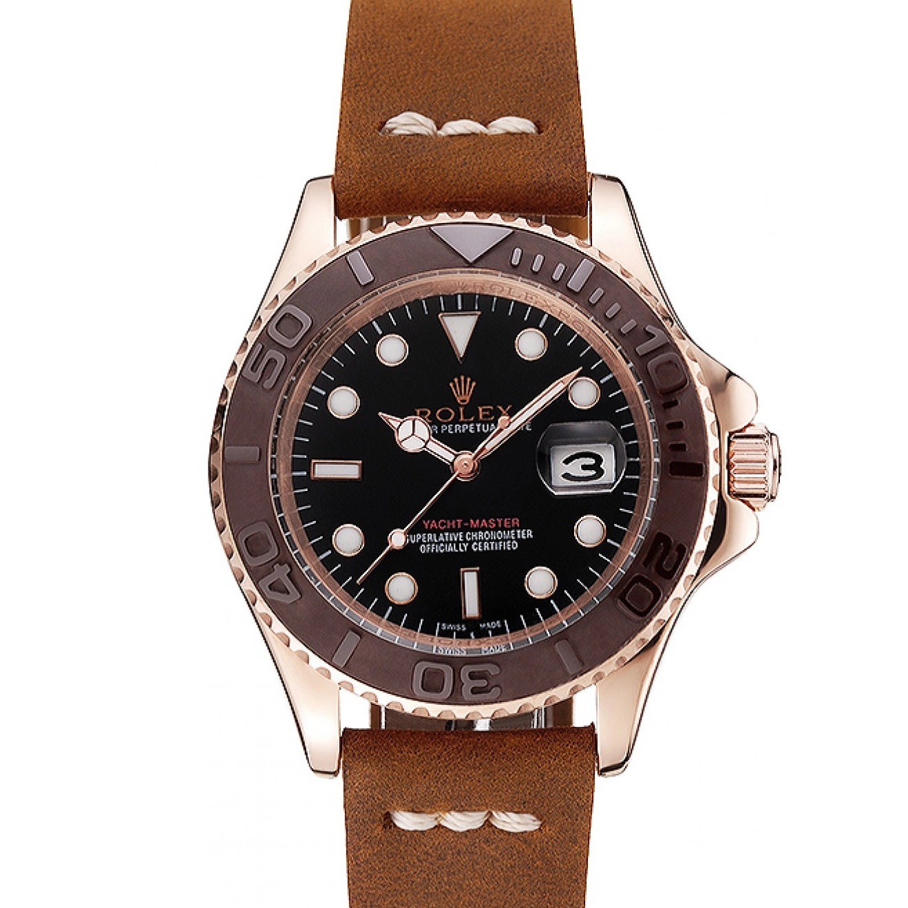 Black Rolex Bezel Brown 1453860 Leather Bracelet Yacht Rose Dial Case Gold Brown Master 0806